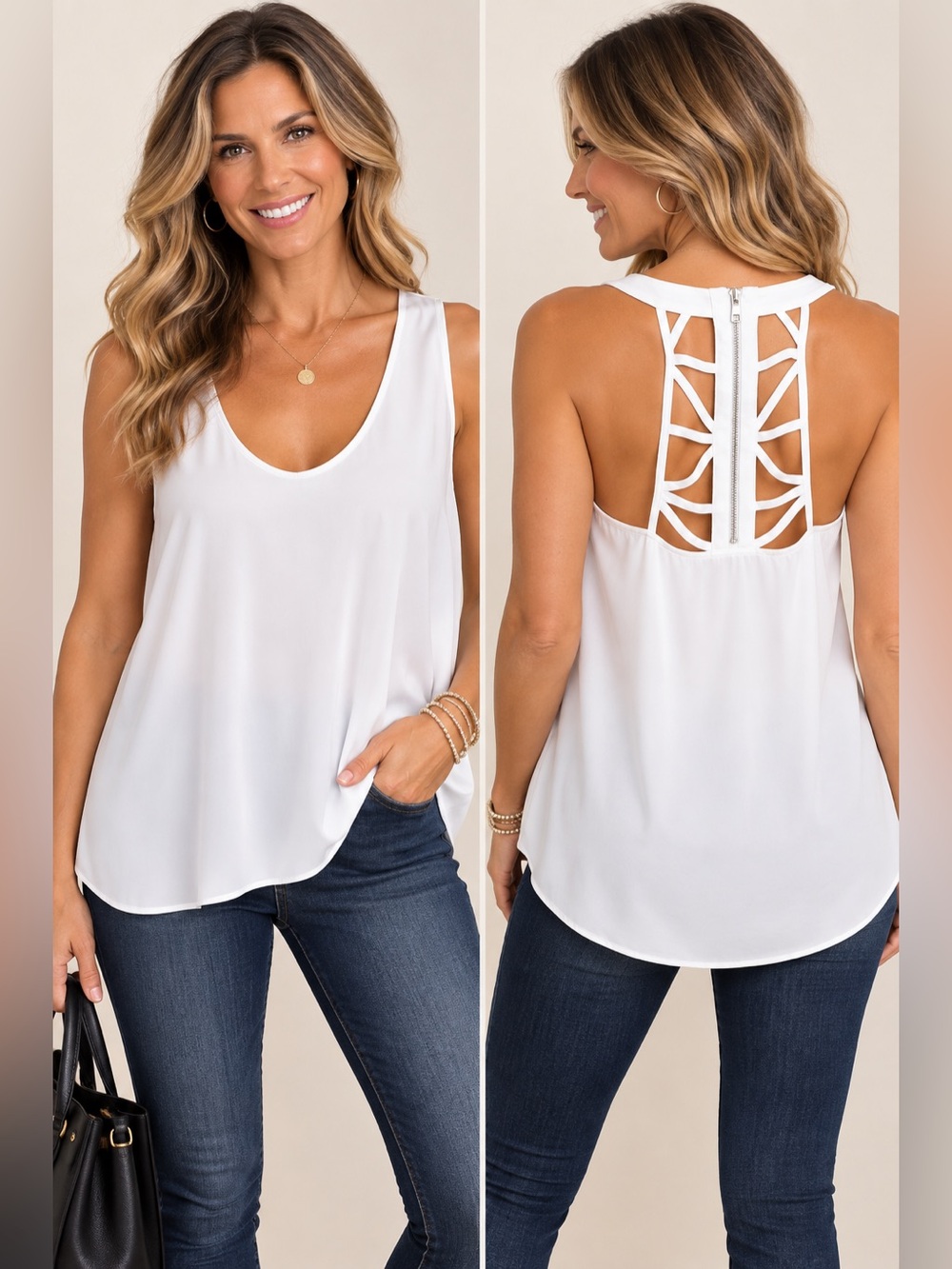 BCBGMaxAzria White Scoop Neck Tank Blouse Size M